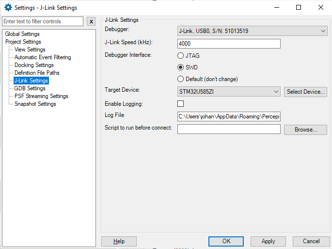 Tracealyzer J-Link Settings